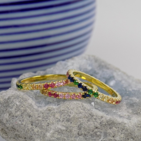dainty gold stacking ring eternity band rainbow - Picture 3 of 5